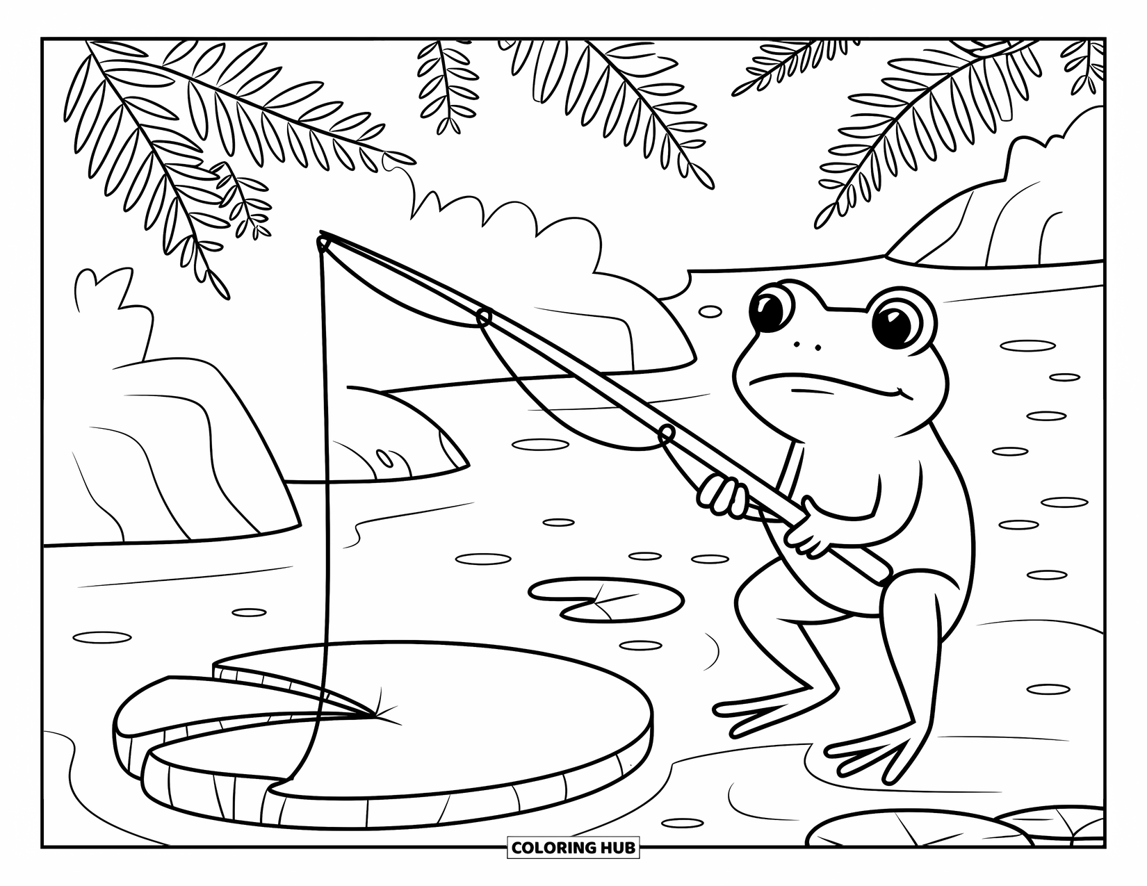 Letter F Coloring Page for Kids: A frog fishes from a lily pad near ferns and a rocky shore