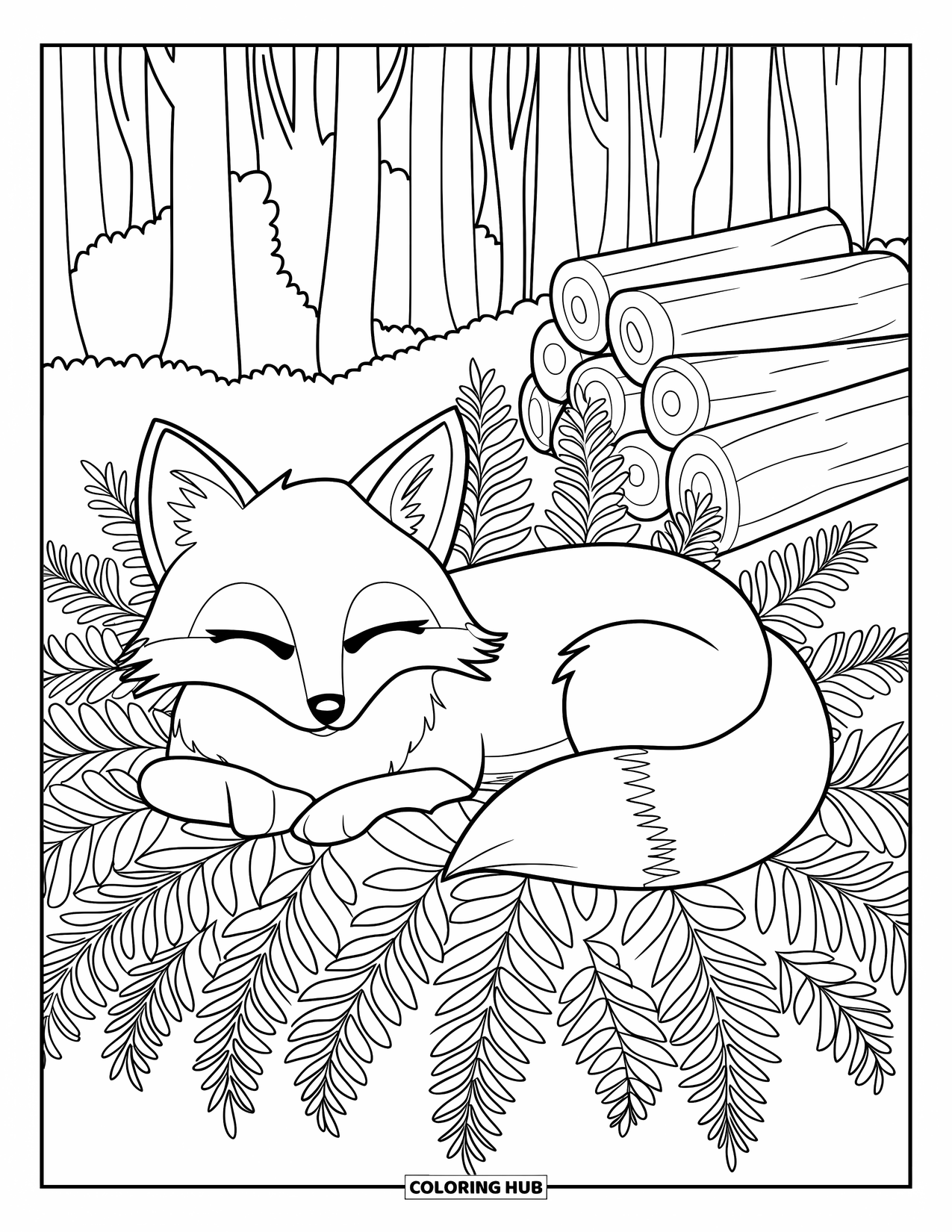 Letter F Coloring Page for Kids: A sleepy fox lies on ferns near firewood in a forest