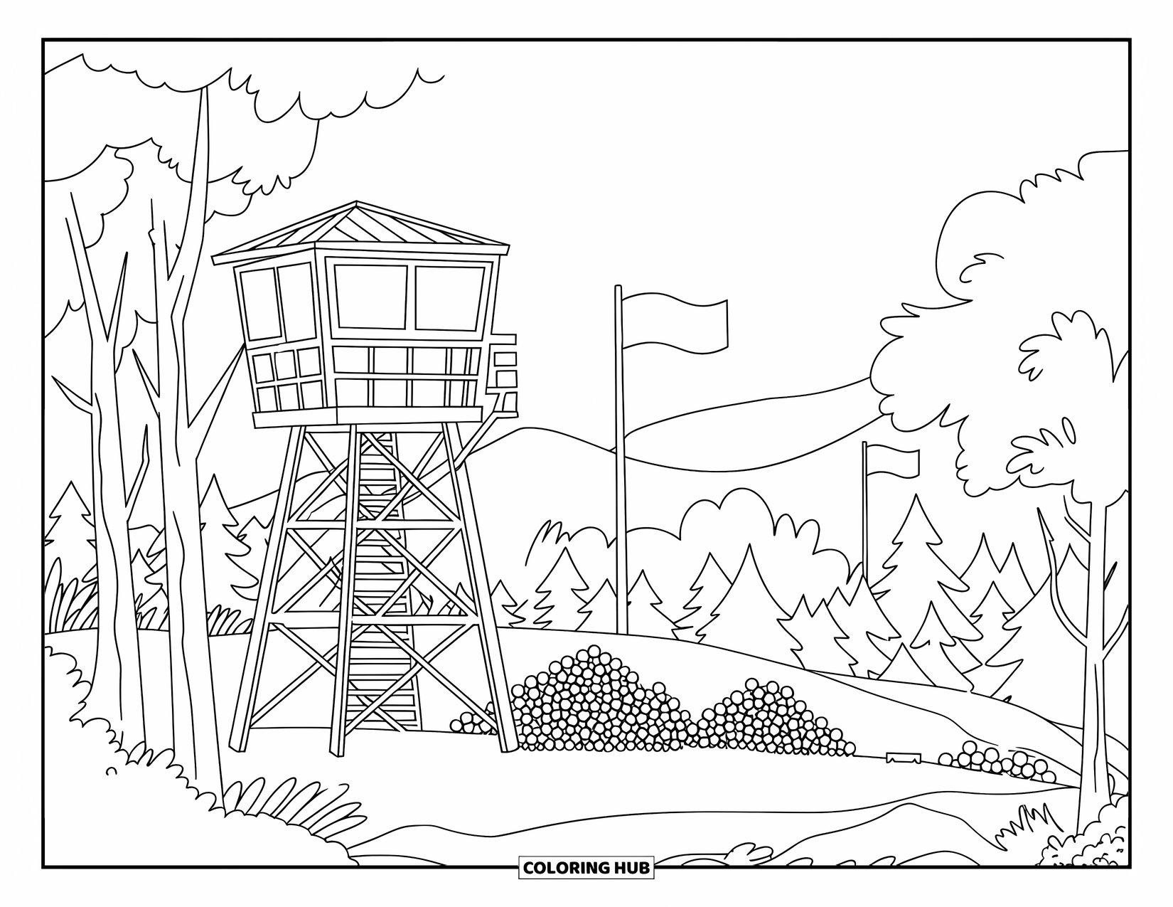 Letter F Coloring Page for Kids: A tall tower with flags and firewood sits above a forest and mountains
