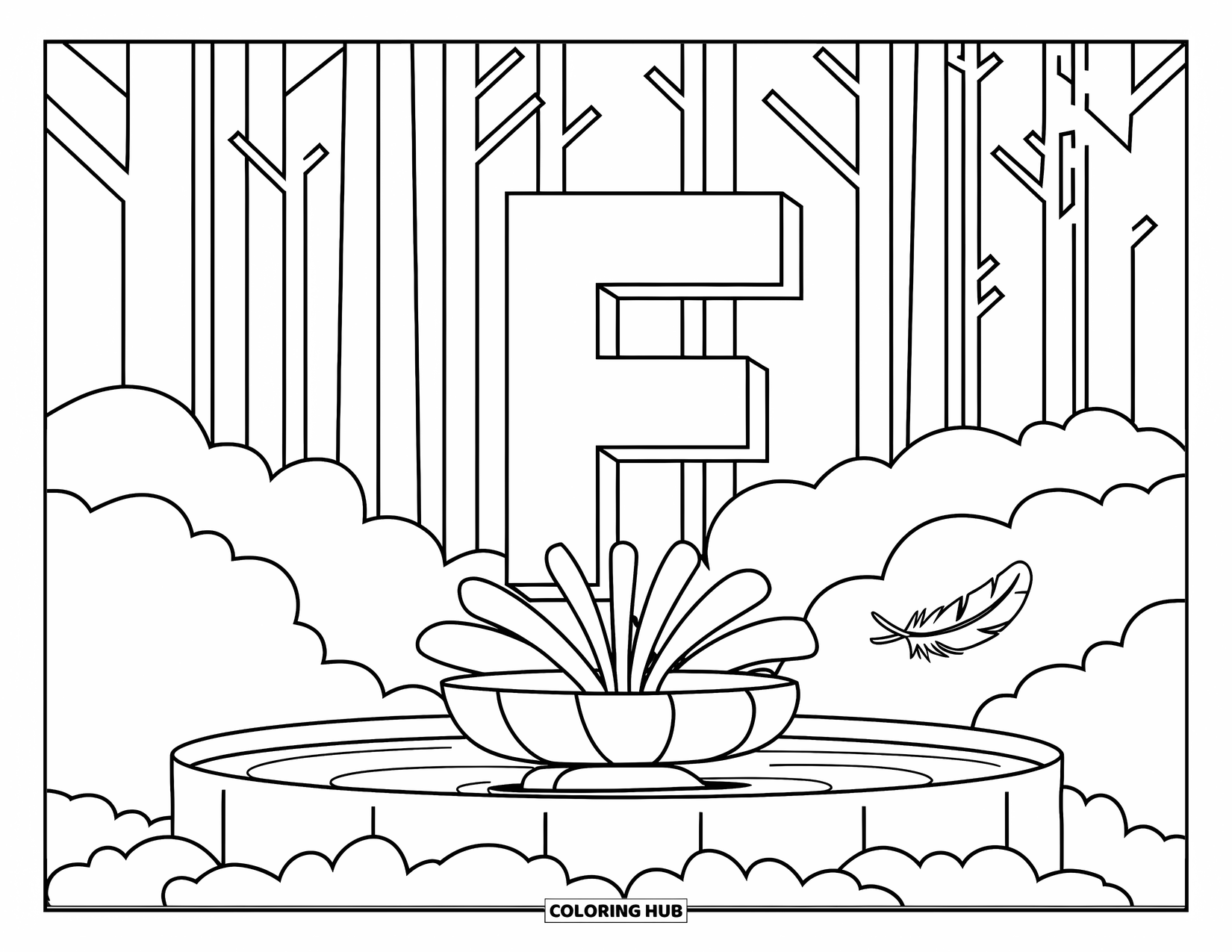 Letter F Coloring Page for Kids: Centered F rests in a quiet forest with a fountain and feather nearby