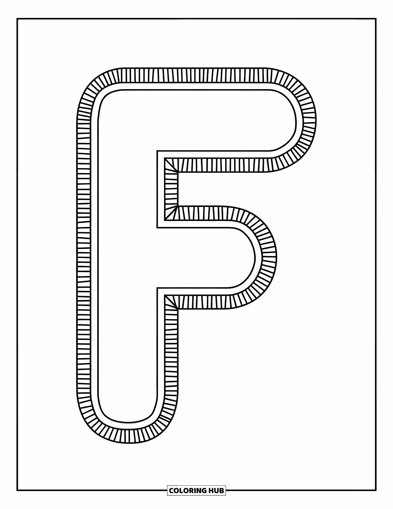 Letter F Coloring Page for Kids: Centered uppercase F with thick lines and a happy, playful look