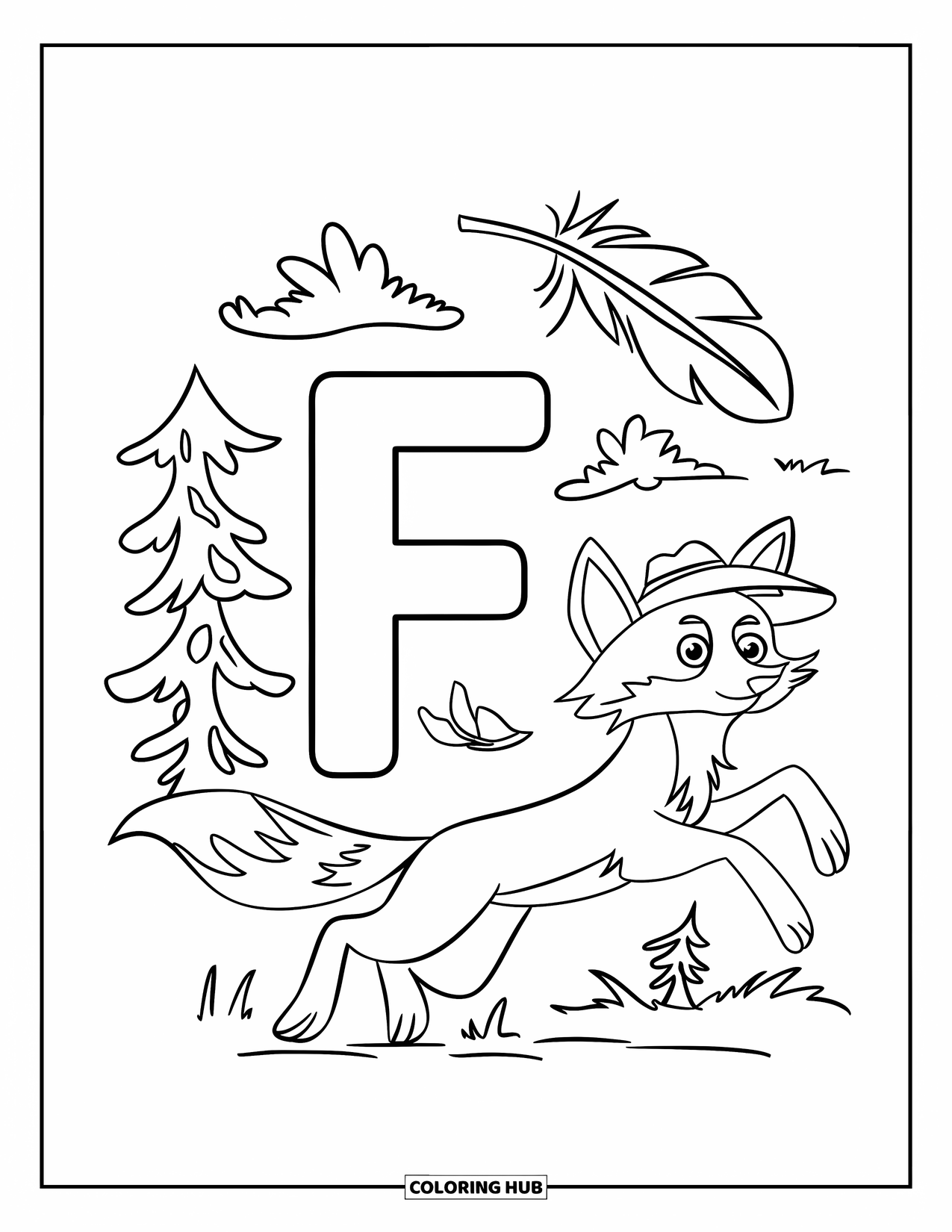 Letter F Coloring Page for Kids: F is framed by a leaping fox, feather, and forest trees