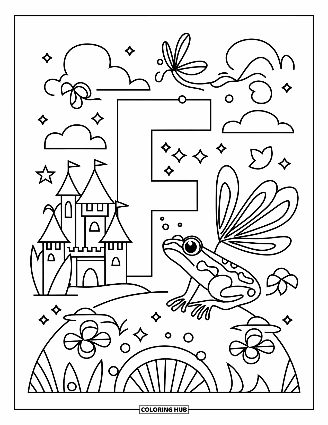 Letter F Coloring Page for Kids: F sits beside a fairy castle, a frog, and flickering fireflies