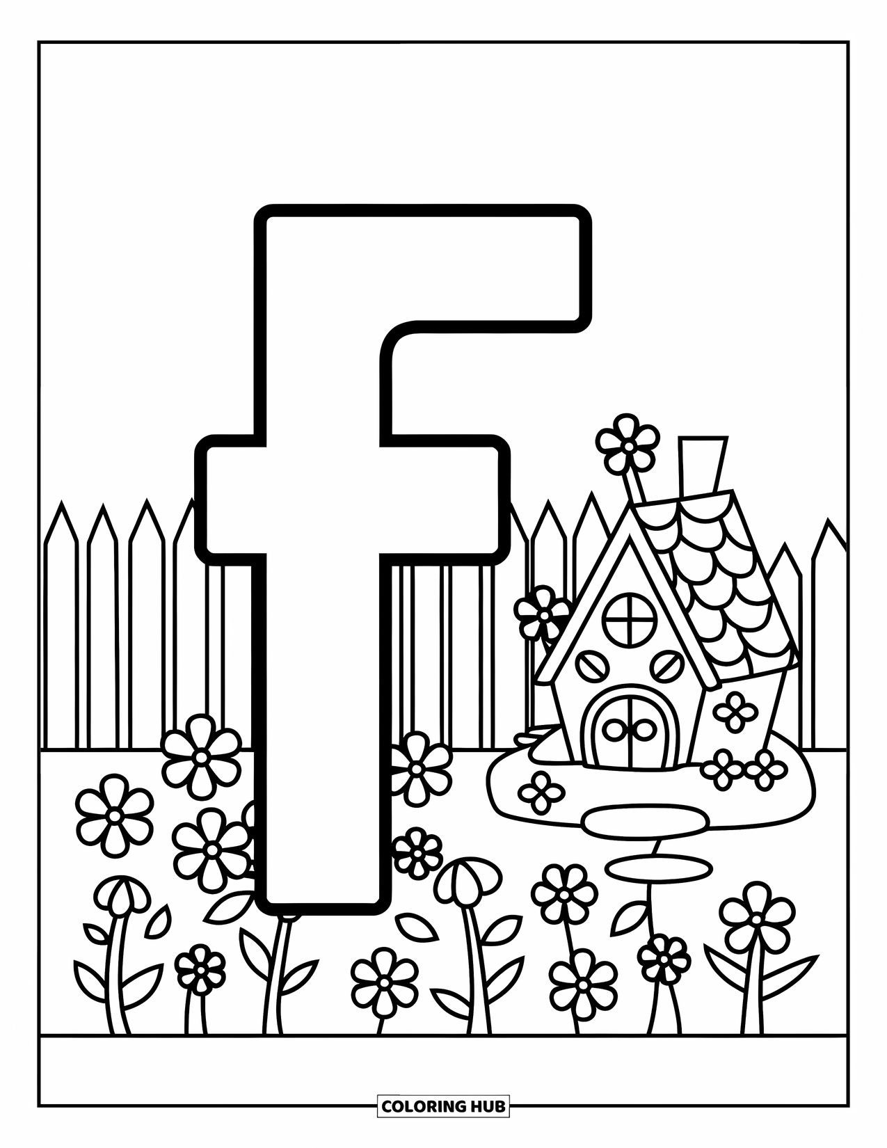 Letter F Coloring Page for Kids: F stands near a flower-filled garden and a cozy little fairy house