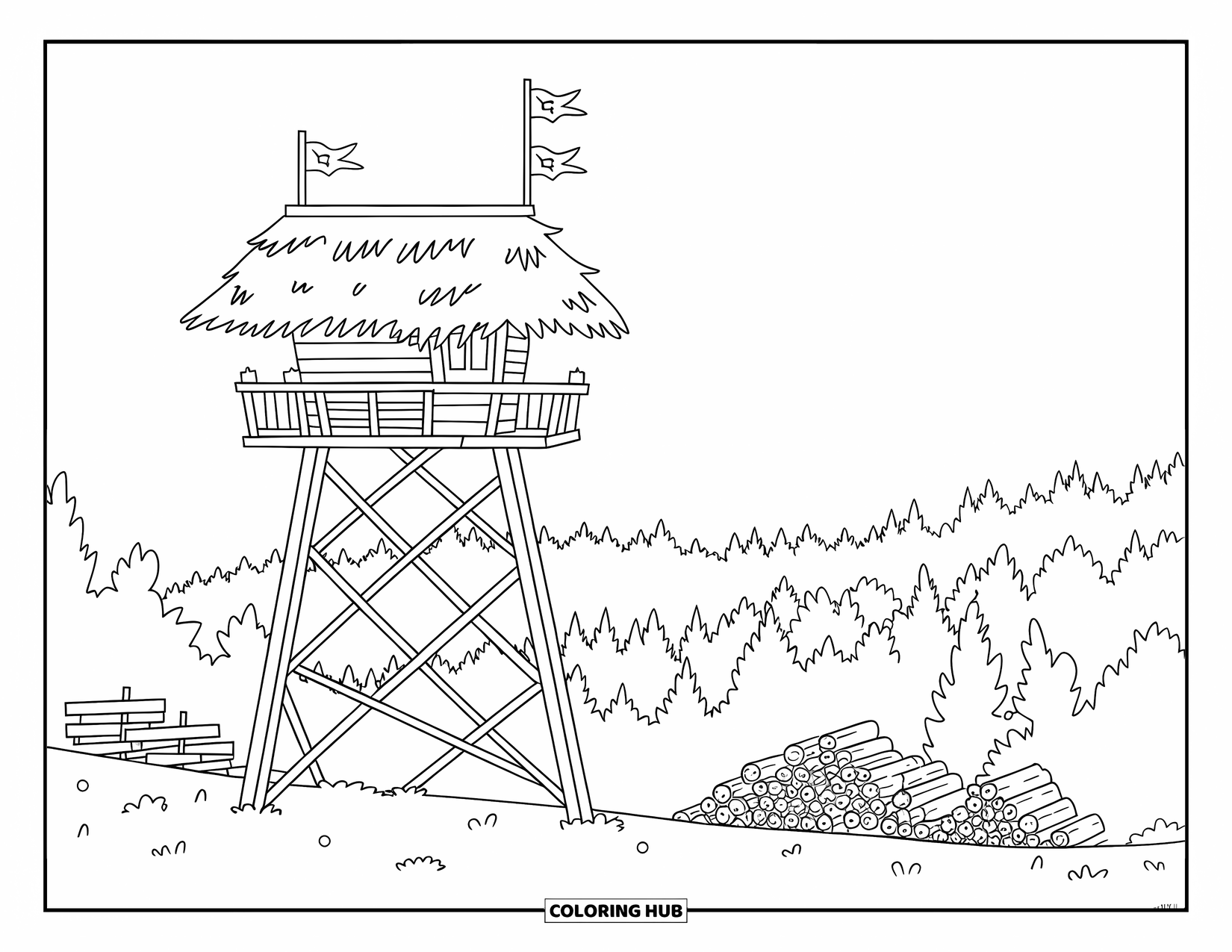 Letter F Coloring Page for Kids: Firewatch tower stands above trees with flags waving and firewood nearby