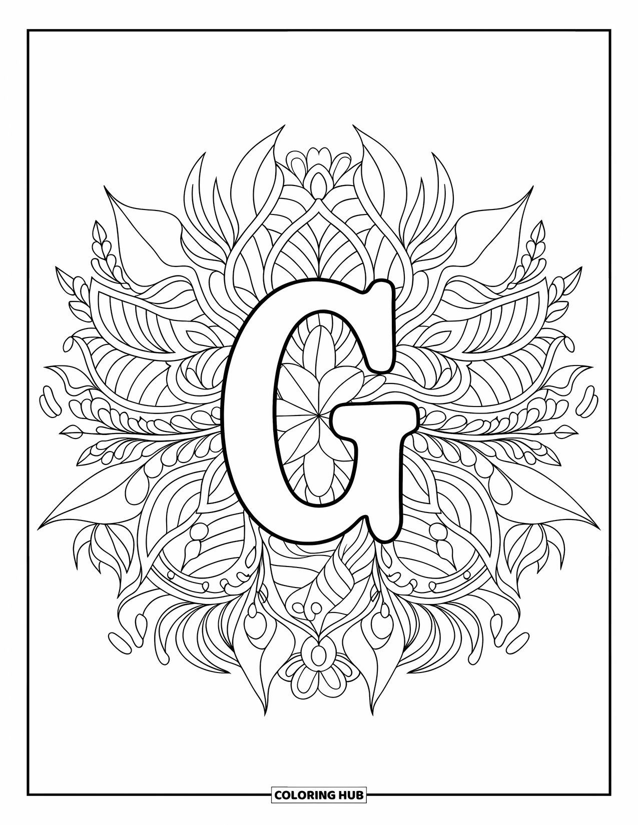 Letter G Coloring Page for Adults: A big G sits in the middle of a botanical mandala filled with flowers