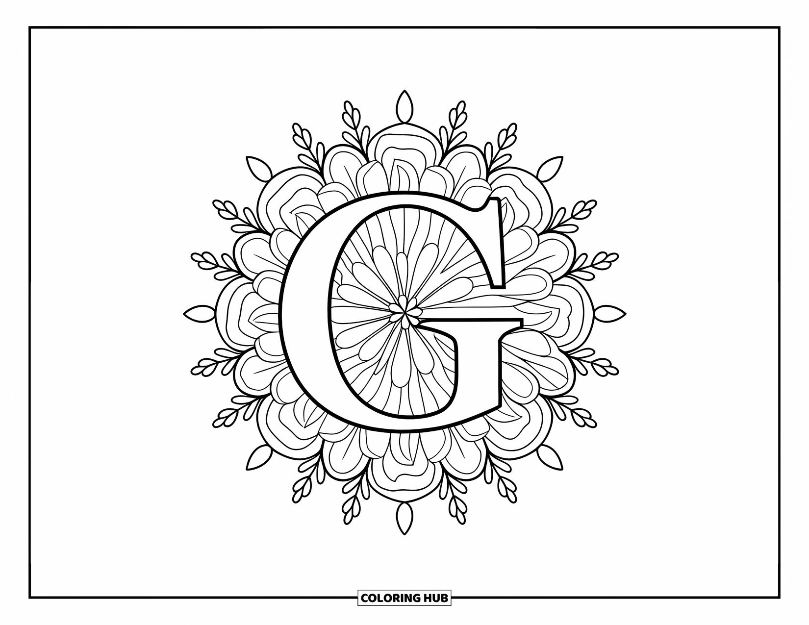 Letter G Coloring Page for Adults: A bold G sits in a mandala made of geranium petals and fern leaves