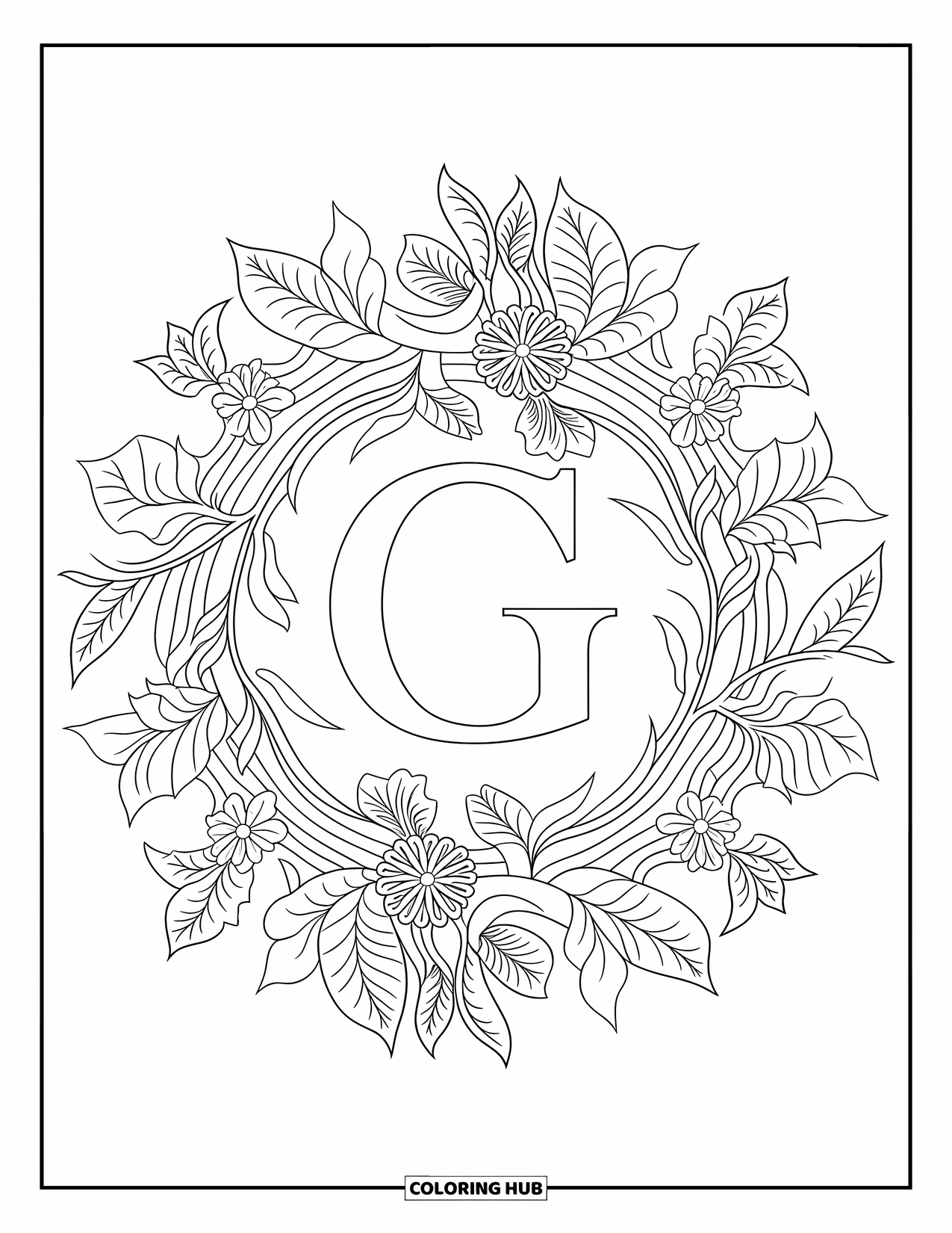 Letter G Coloring Page for Adults: A botanical mandala of flowers and vines surrounds a large uppercase G