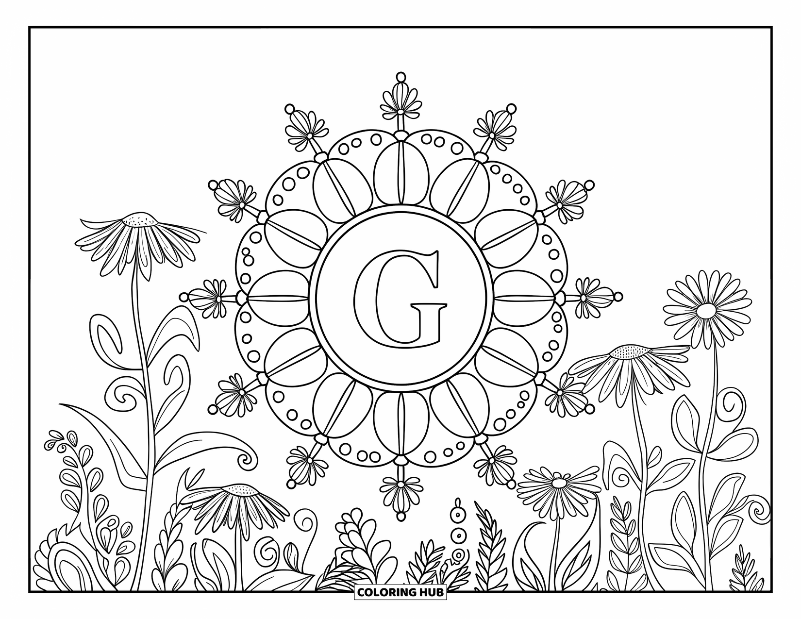 Letter G Coloring Page for Adults: A floral mandala of daisies and wildflowers circles around a bold Capital G