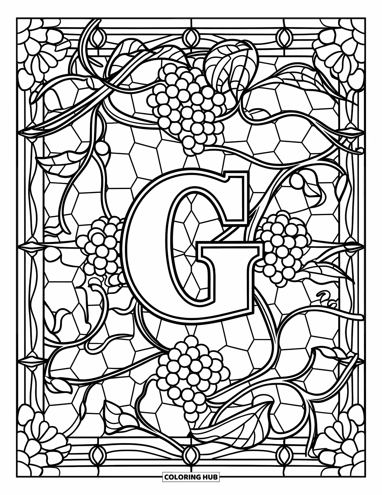 Letter G Coloring Page for Adults: A G sits inside a stained glass layout of grapes, florals, and curling stems