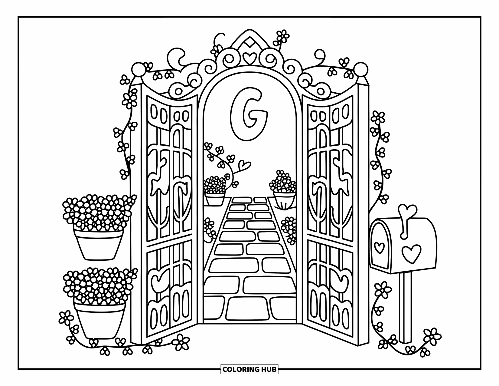 Letter G Coloring Page for Adults: A garden gate with flower pots and vines welcomes you to a big letter G