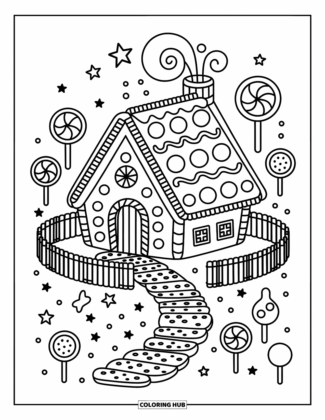 Letter G Coloring Page for Adults: A gingerbread house shaped like a G sits in a forest of candy and treats