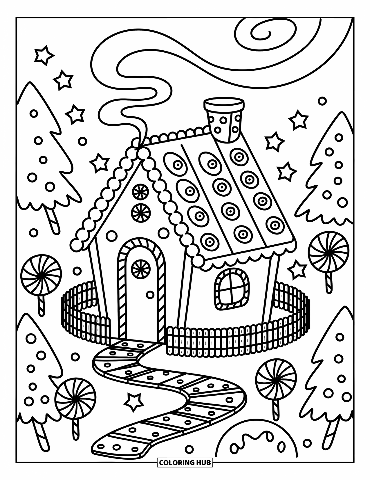 Letter G Coloring Page for Adults: A gumdrop-roofed G house sits in a magical candy world