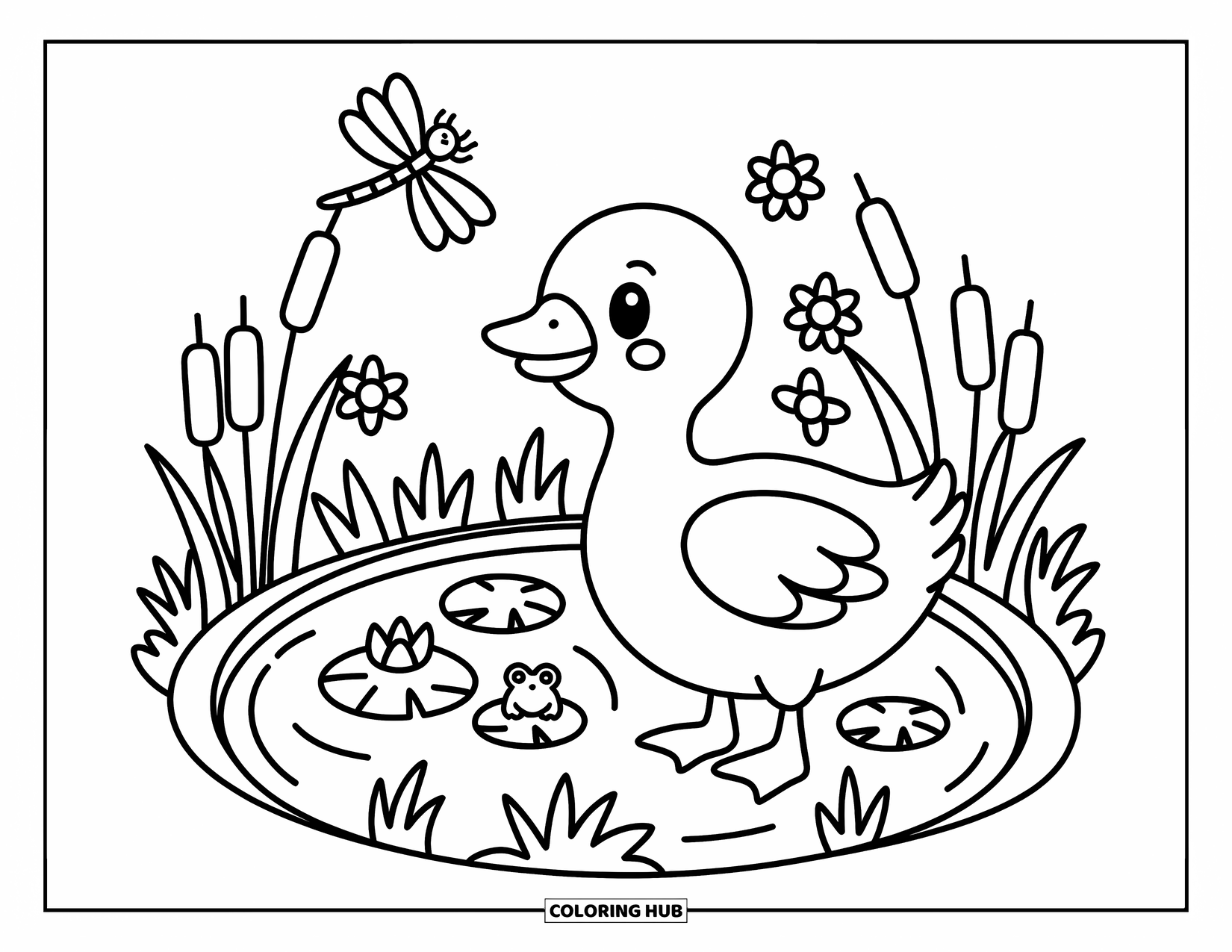 Letter G Coloring Page for Adults: A happy goose walks by a lily-filled pond shaped like a G