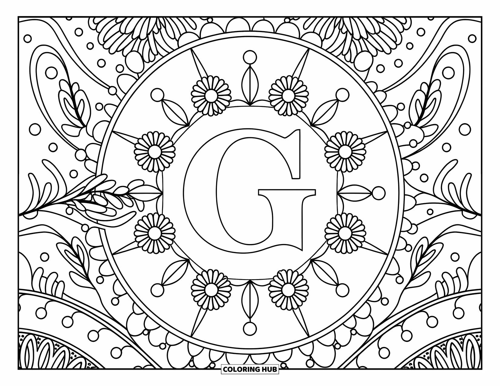 Letter G Coloring Page for Adults: A large G is surrounded by daisies, wildflowers, and swirling mandala lines
