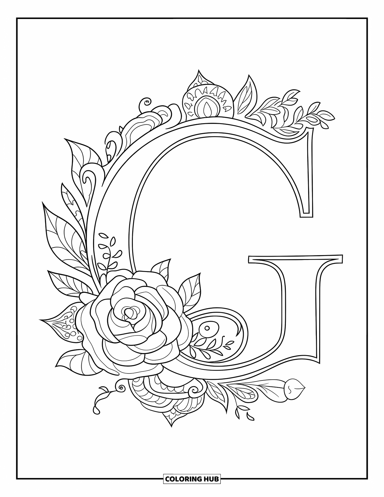 Letter G Coloring Page for Adults: A rose and peony ring with filigree surrounds an intricate uppercase G