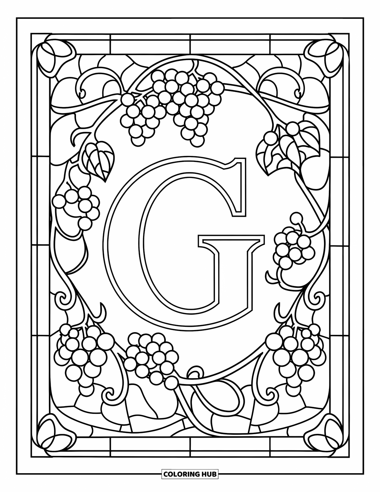 Letter G Coloring Page for Adults: A stained glass-style layout with grape vines and gems centers around a bold G
