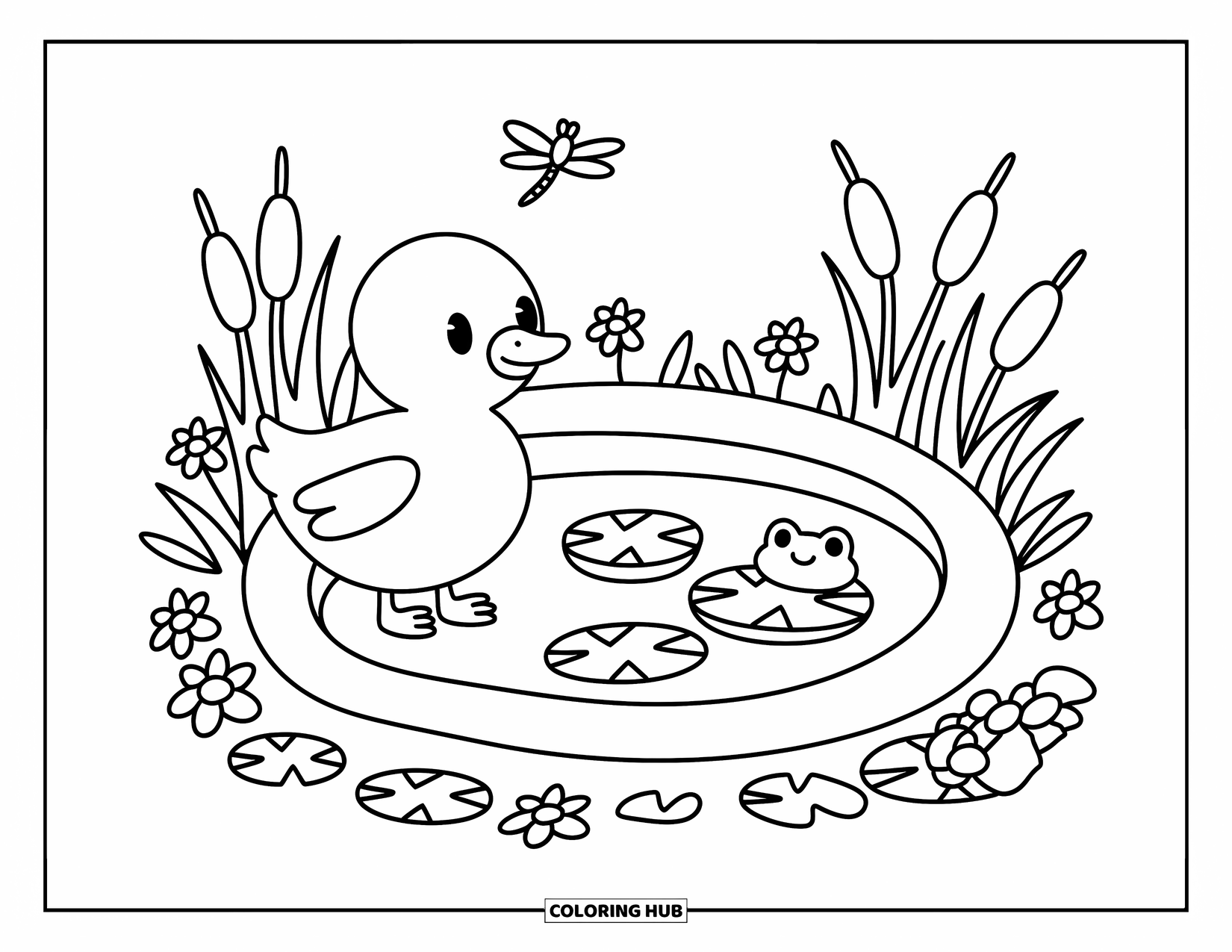 Letter G Coloring Page for Adults: A sweet goose waddles near lily pads and a dragonfly over a G-shaped pond
