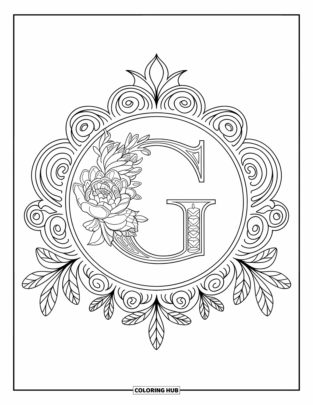 Letter G Coloring Page for Adults: An uppercase G is framed by roses, peonies, and swirling leaf mandalas