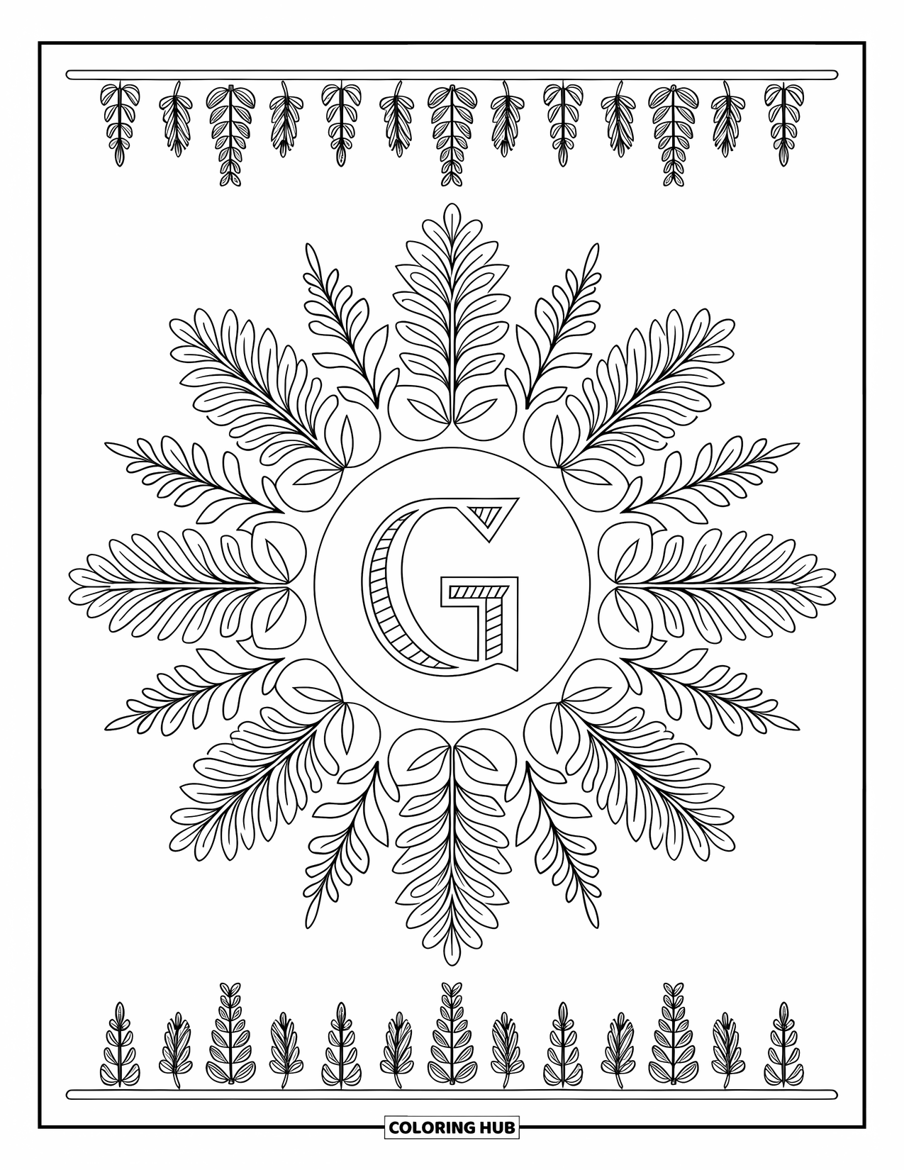 Letter G Coloring Page for Adults: Basil, rosemary, and thyme form a mandala around a centered calligraphic G