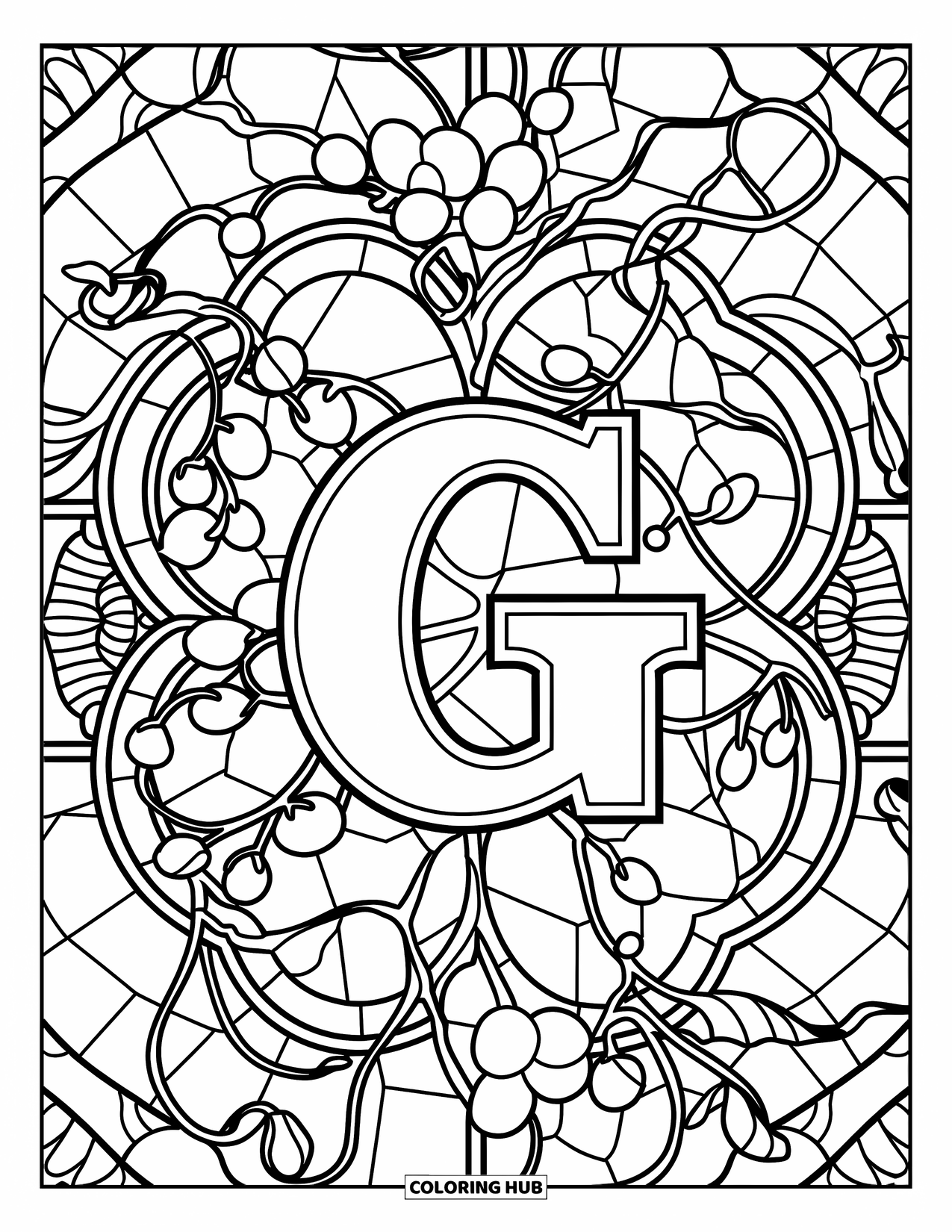 Letter G Coloring Page for Adults: Grape vines and gem shapes surround a G in a stained glass-style layout