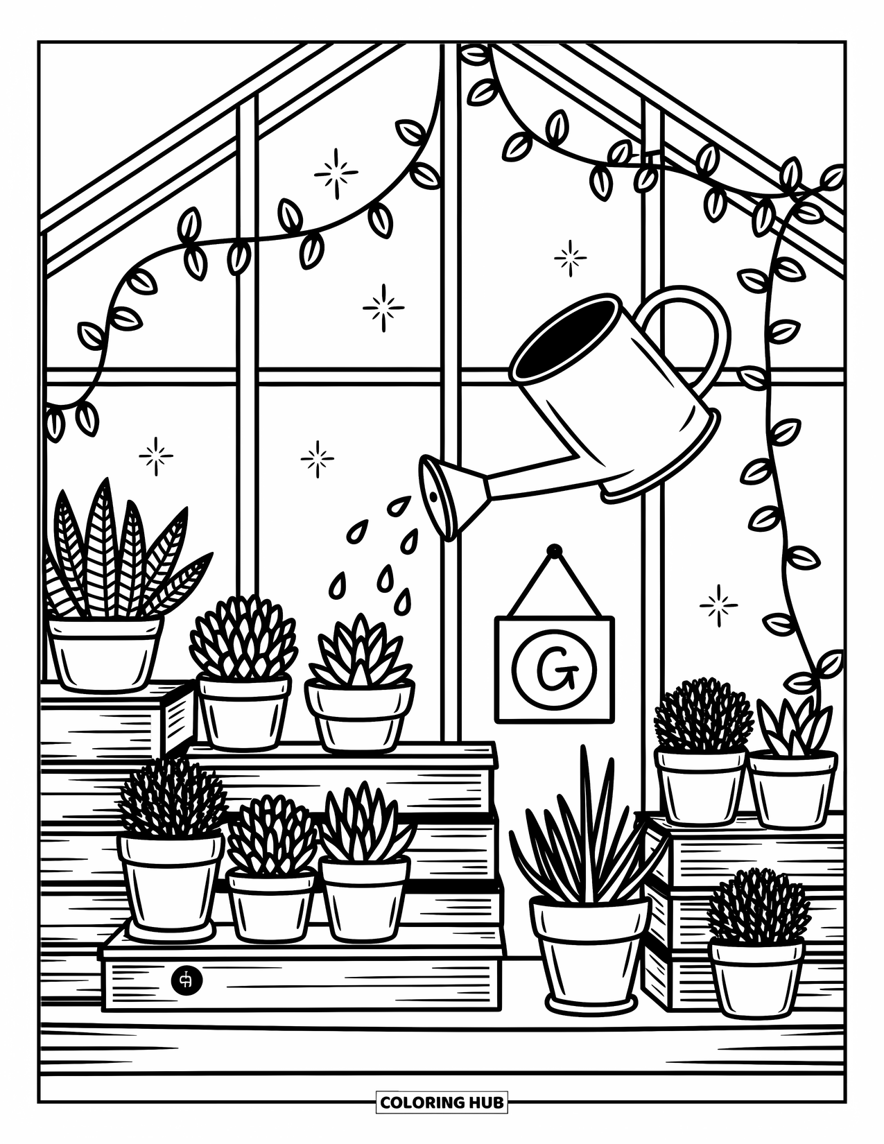 Letter G Coloring Page for Adults: Potted plants, vines, and a watering can fill a cozy greenhouse with a playful G