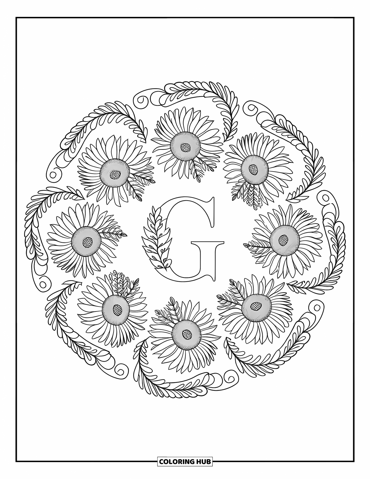 Letter G Coloring Page for Adults: Sunflowers and ferns spiral around an elegant G inside a garden-style mandala