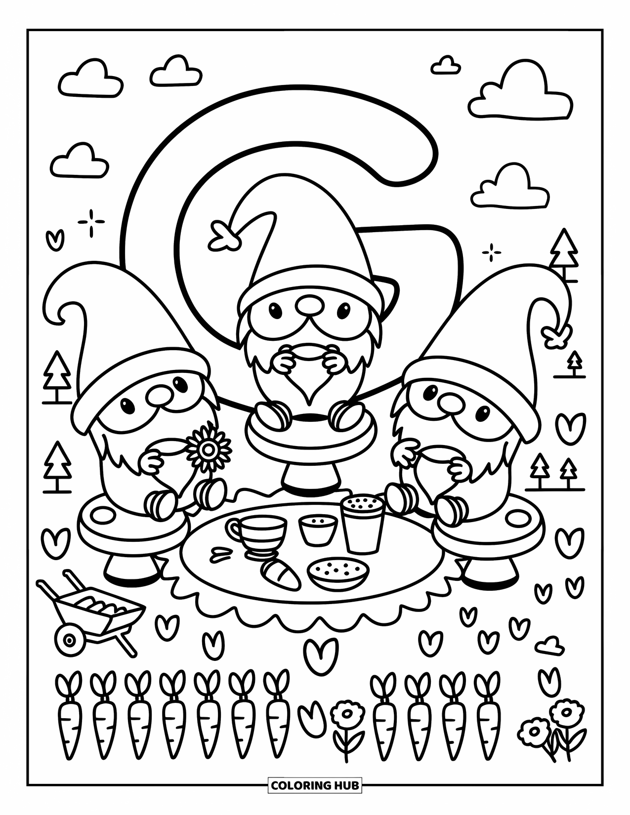 Letter G Coloring Page for Adults: Three gnomes picnic on mushrooms near a round G in a cozy garden scene