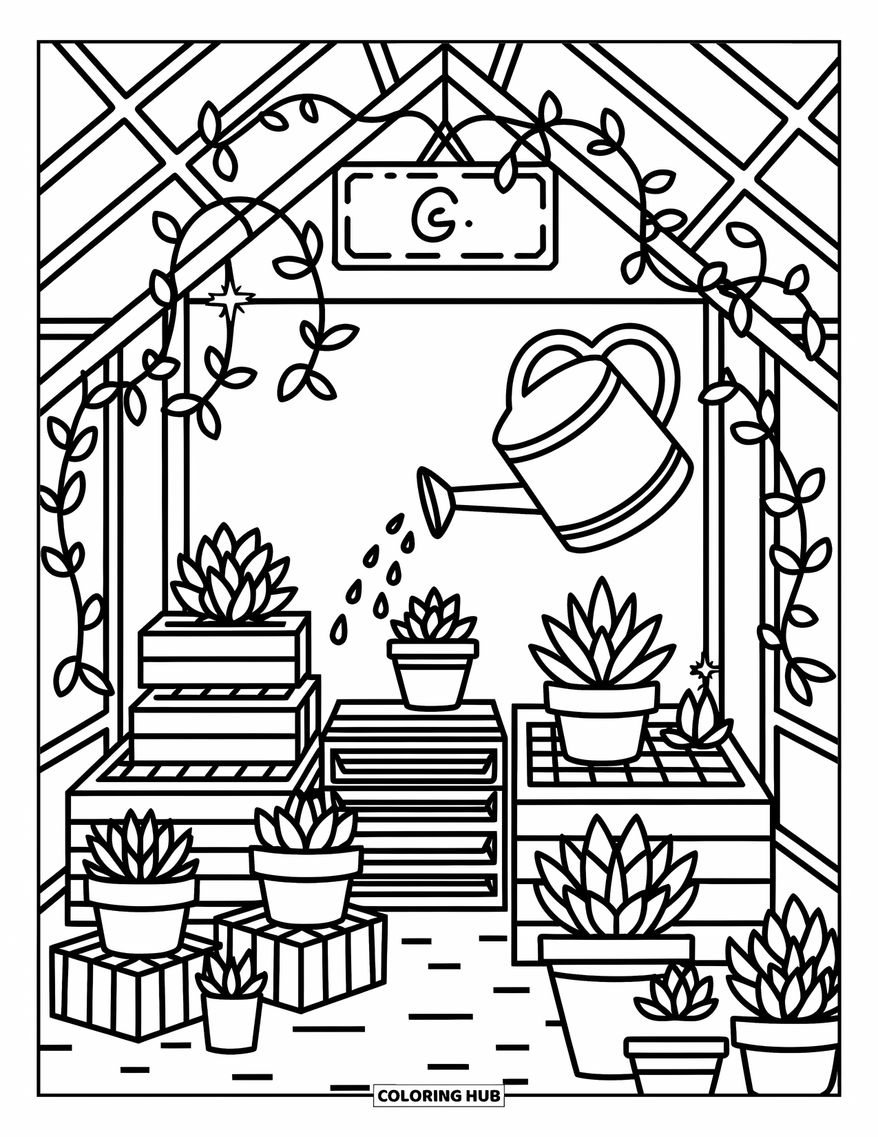 Letter G Coloring Page for Adults: Tiny plants rest on shelves in a greenhouse with a cute G sign above