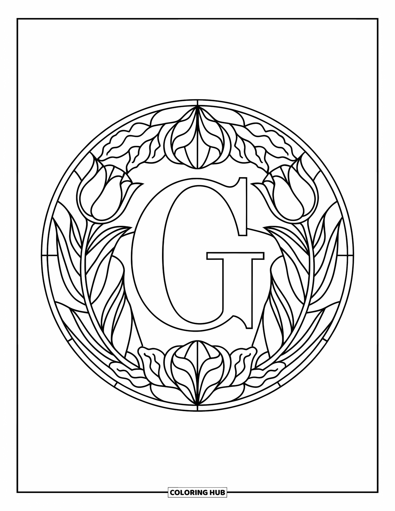 Letter G Coloring Page for Adults: Tulips, lilies, and ivy form a stained glass circle around an ornate G