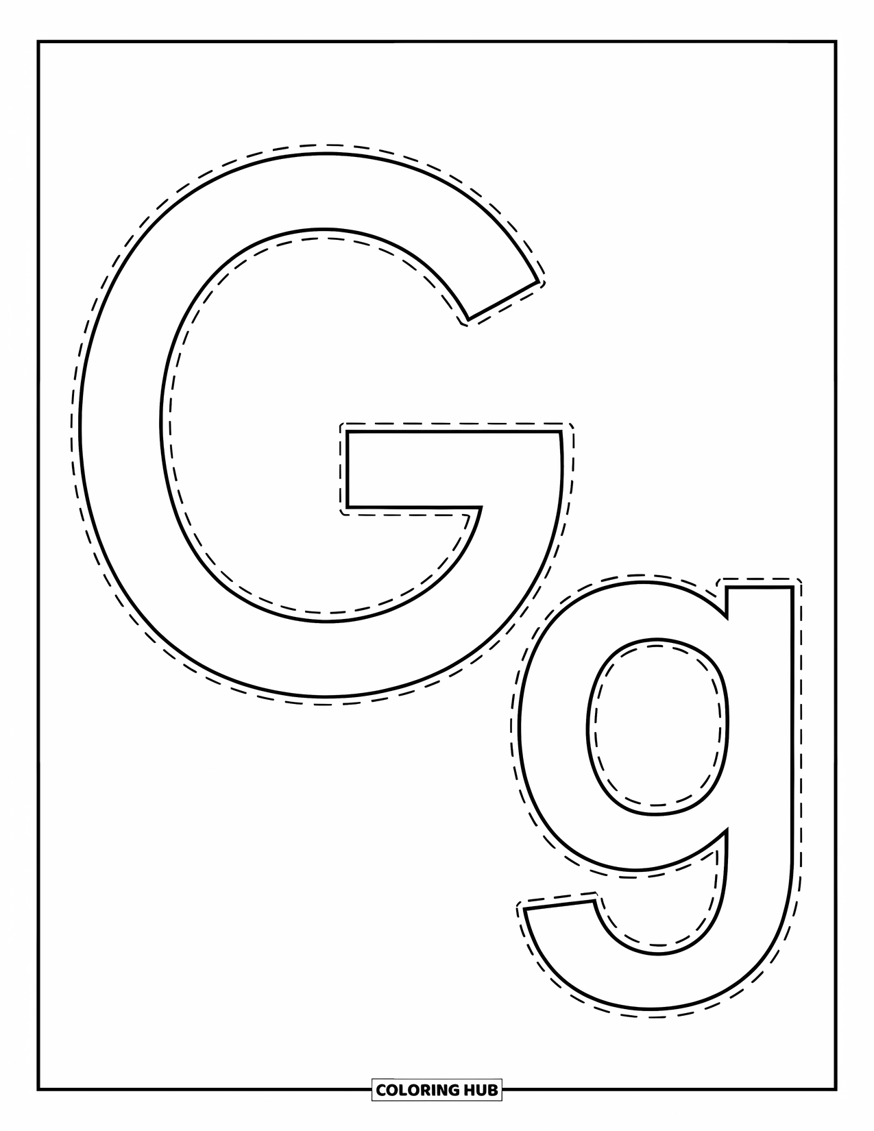 Letter G Coloring Page for Kids: Big G and little g with dotted outlines for easy tracing