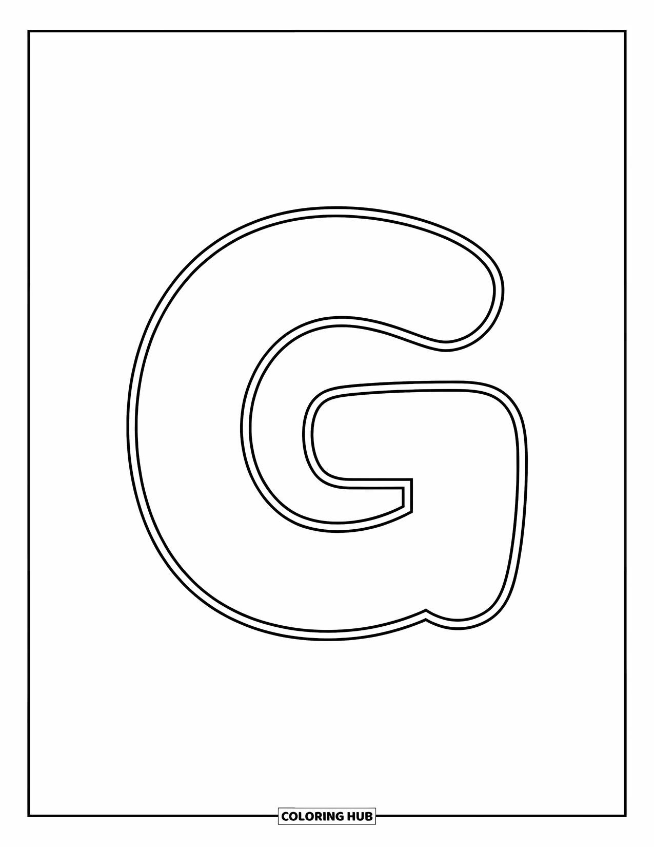 Letter G Coloring Page for Kids: Centered uppercase G with a thick outline and playful energy