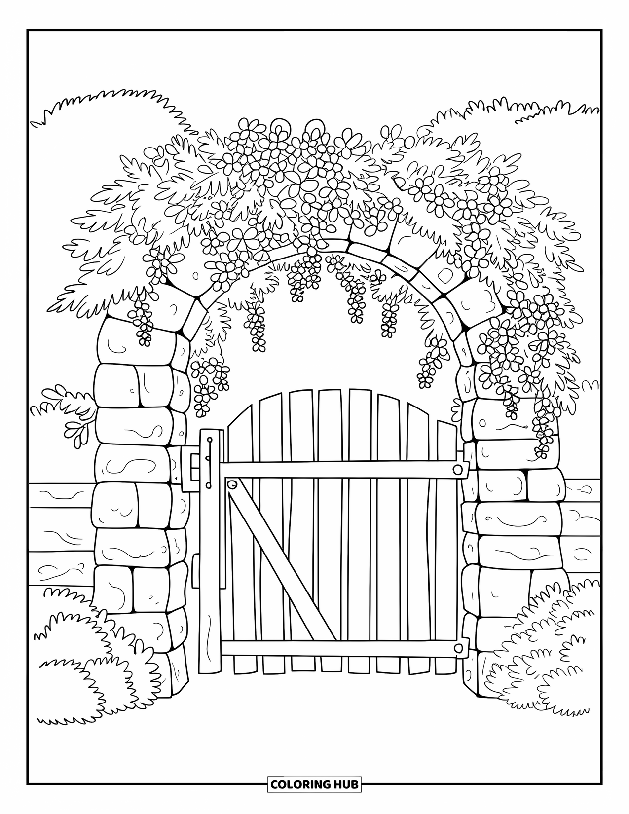 Letter G Coloring Page for Kids: Flower-covered stone arch with a wooden gate and nearby bushes