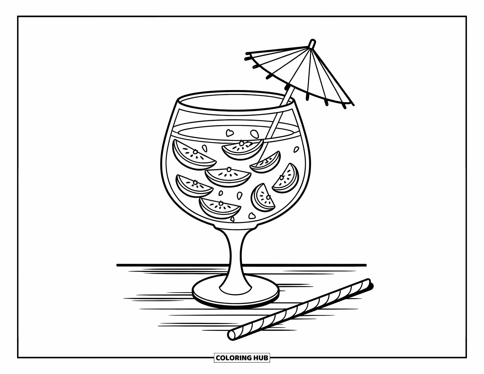 Letter G Coloring Page for Kids: Fruit-filled goblet with an umbrella and a straw nearby