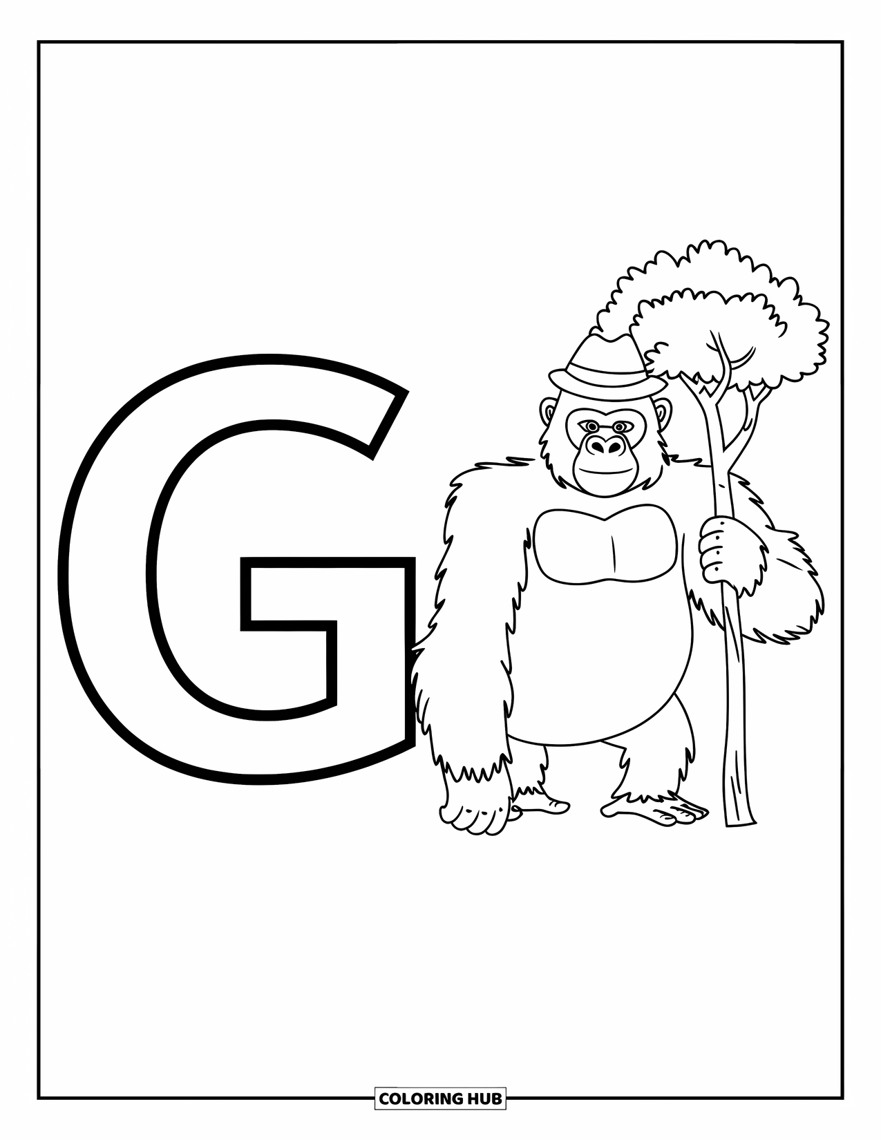 Letter G Coloring Page for Kids: G beside a friendly gorilla holding a branch and wearing a hat