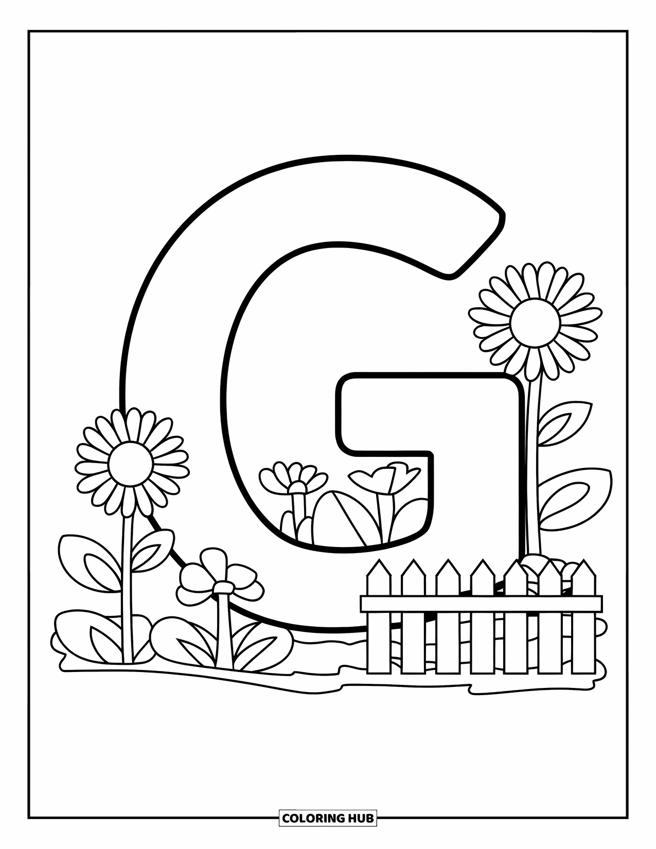 Letter G Coloring Page for Kids: G beside a garden with flowers, a shovel, and a picket fence