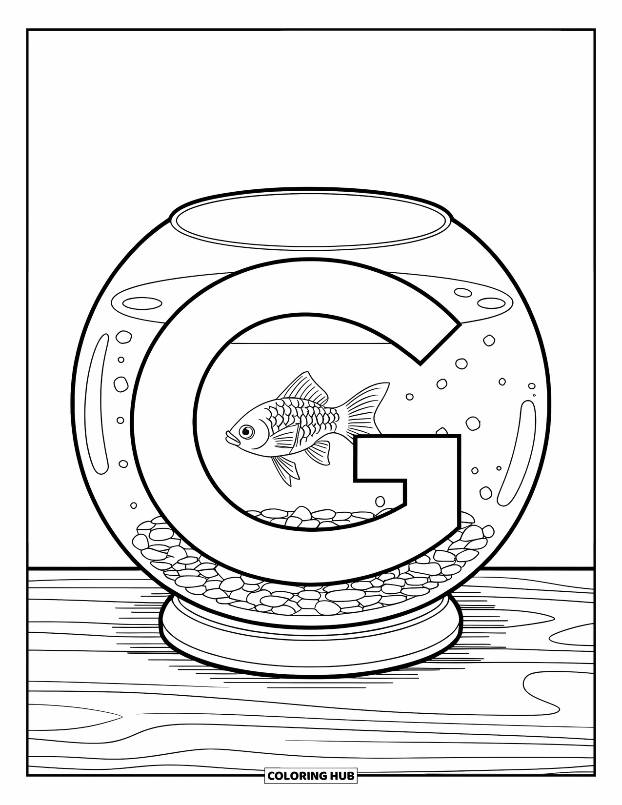 Letter G Coloring Page for Kids: G-shaped design with a fishbowl holding a goldfish and pebbles