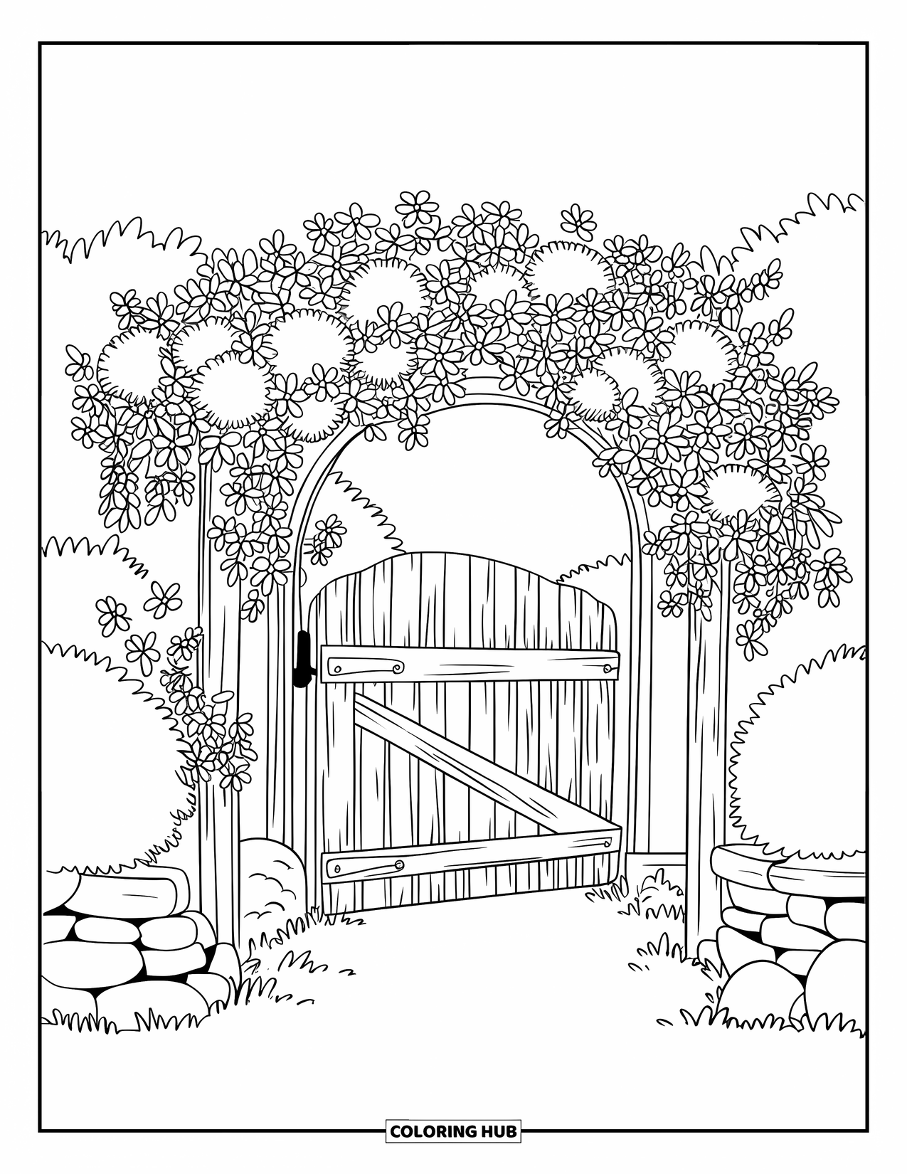 Letter G Coloring Page for Kids: Gate and archway with full-bloom flowers and scattered stones