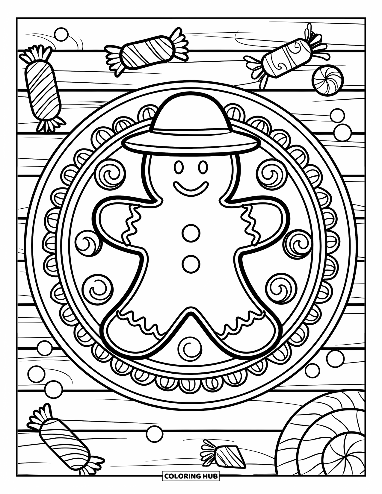 Letter G Coloring Page for Kids: Gingerbread man on a plate surrounded by candies and frosting