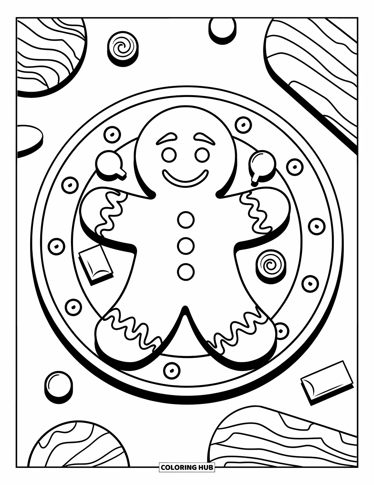 Letter G Coloring Page for Kids: Gingerbread man on a plate with wavy frosting and treats