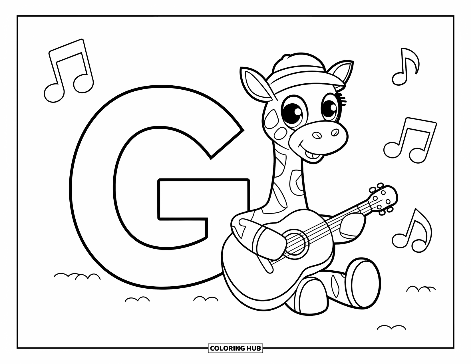 Letter G Coloring Page for Kids: Giraffe plays a guitar near uppercase G and lowercase g