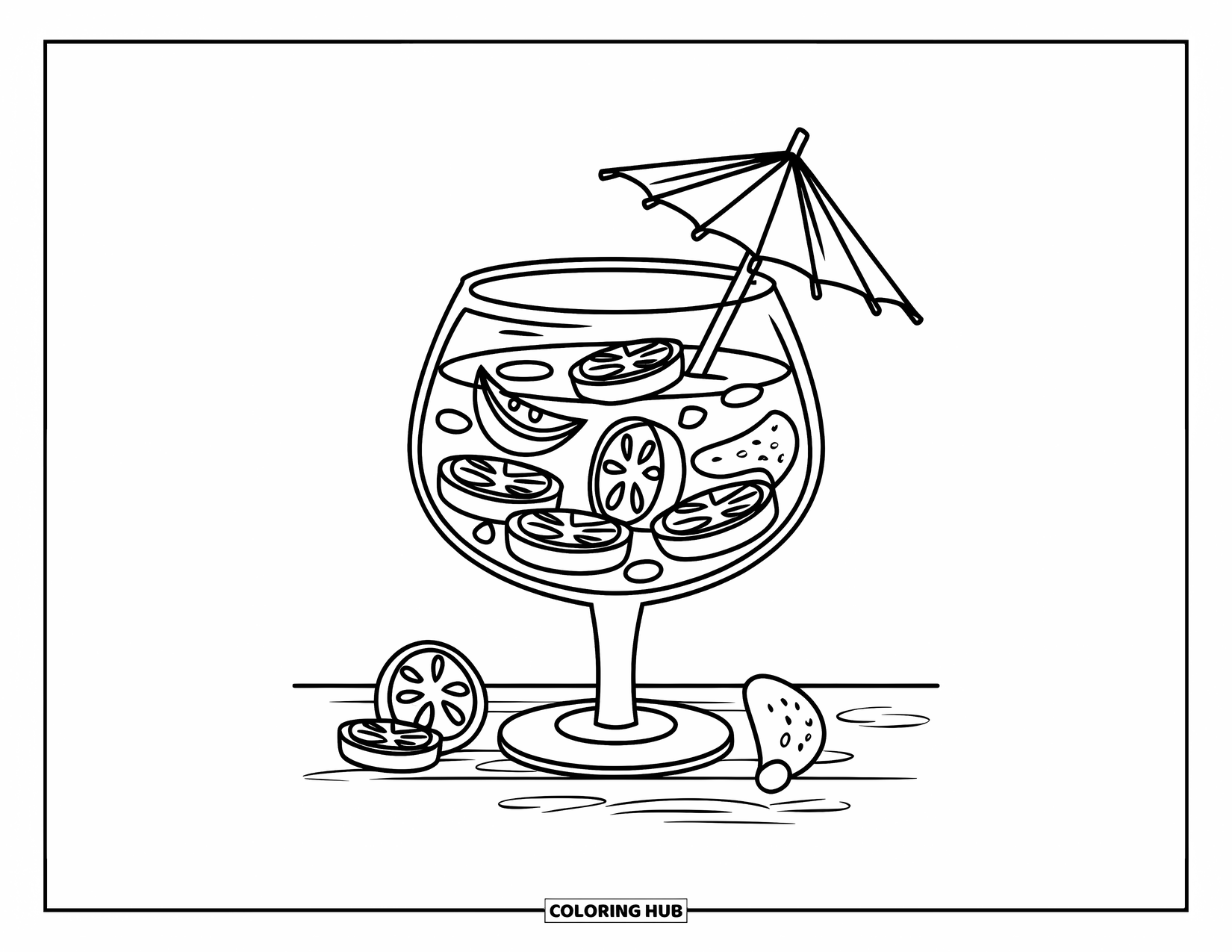 Letter G Coloring Page for Kids: Goblet with fruit slices and umbrella, with extra fruit beside it
