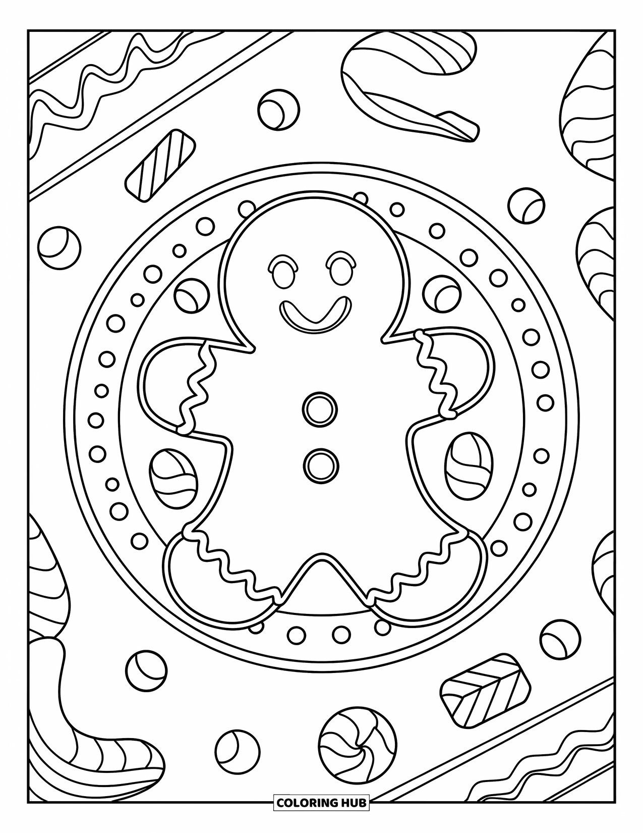 Letter G Coloring Page for Kids: Happy gingerbread man with candies and frosting on a table