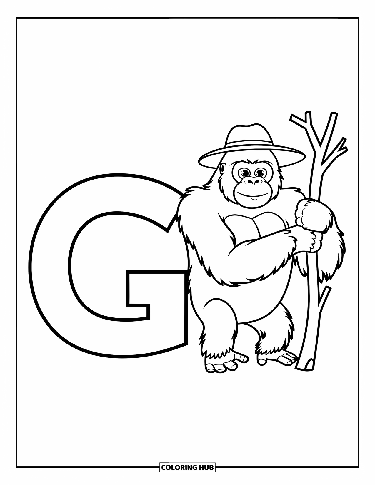 Letter G Coloring Page for Kids: Letter G next to a gorilla holding a tree branch and wearing a hat