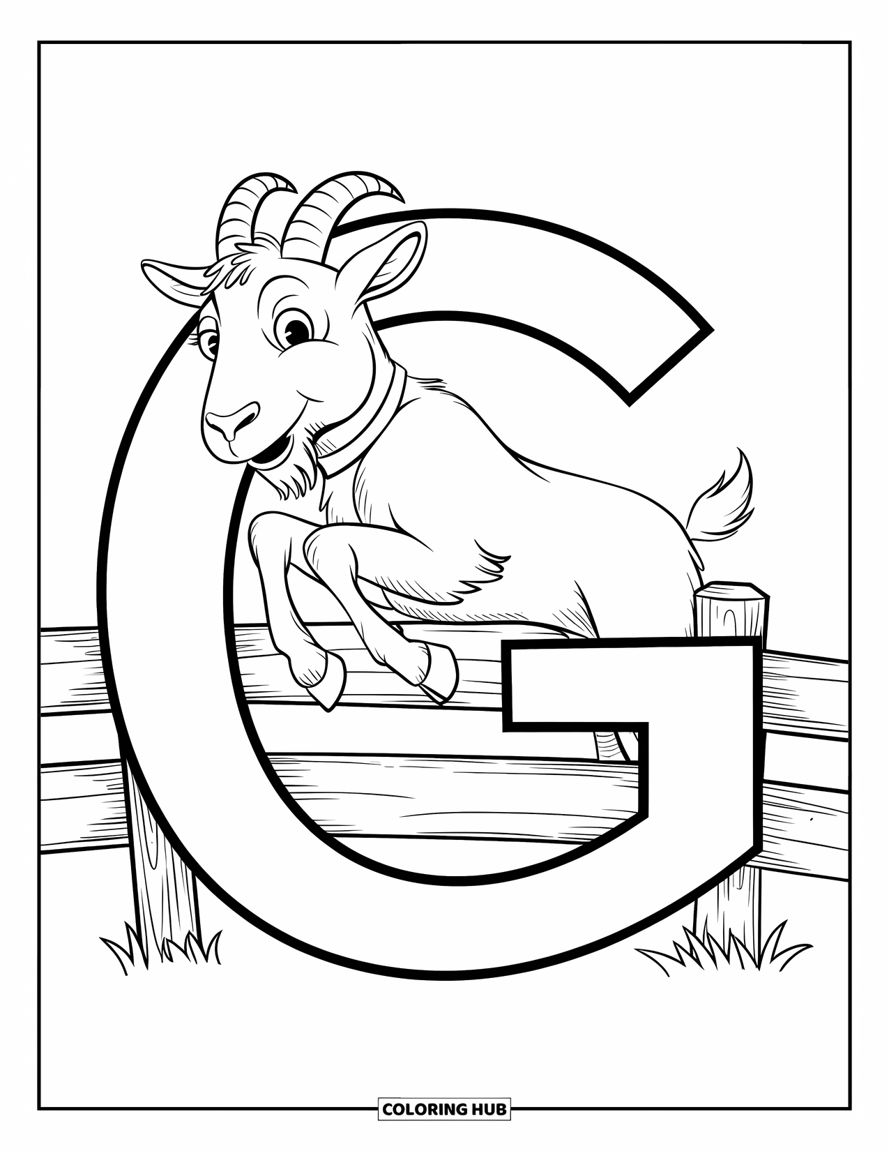Letter G Coloring Page for Kids: Letter G with a goat leaping over a fence on grassy ground