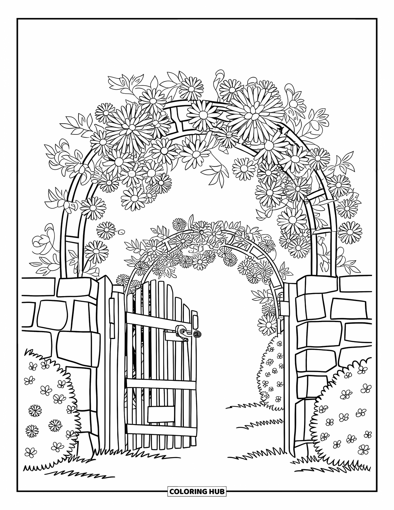 Letter G Coloring Page for Kids: Rustic gate opening to a flower-covered arch with bushes