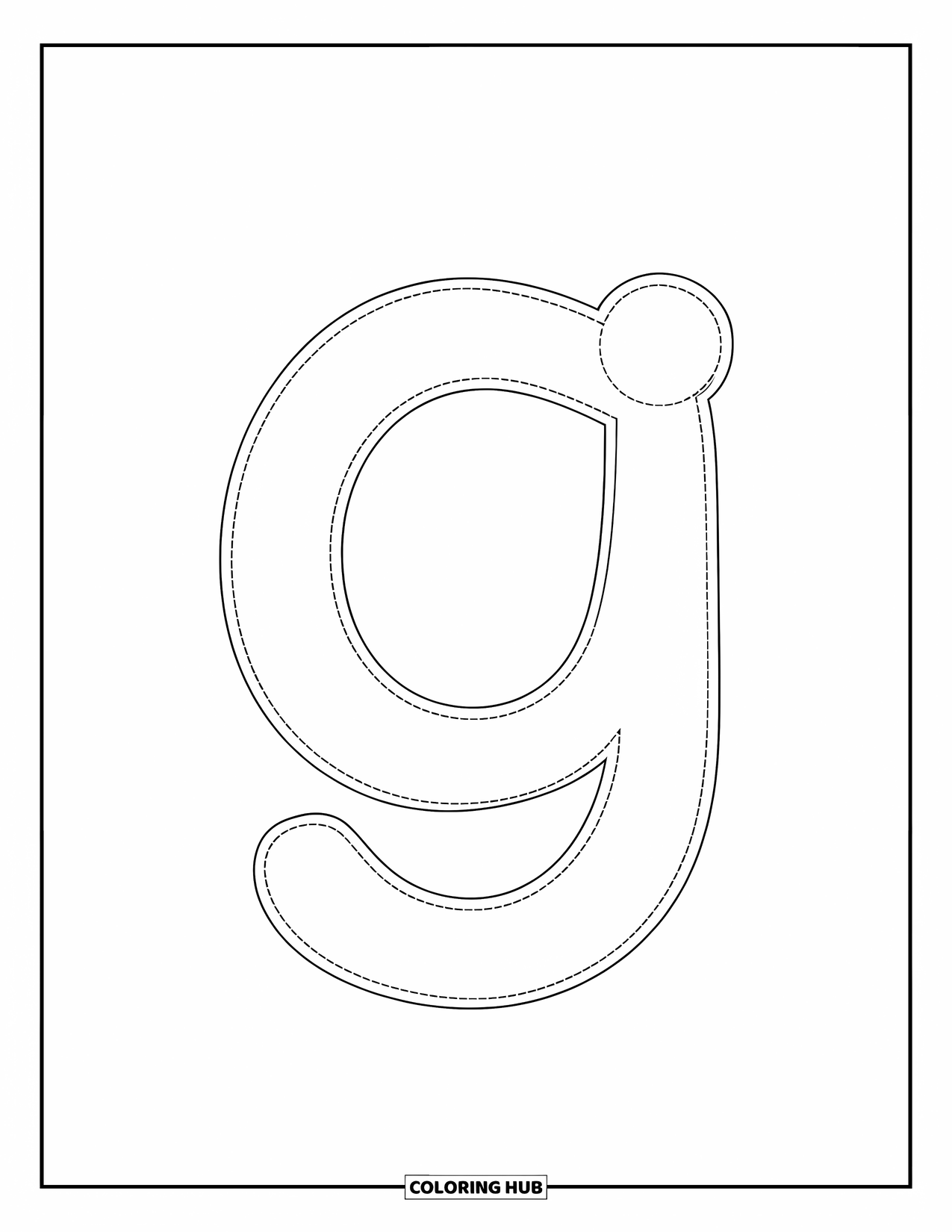 Letter G Coloring Page for Kids: Simple lowercase g in dotted lines for preschool learners