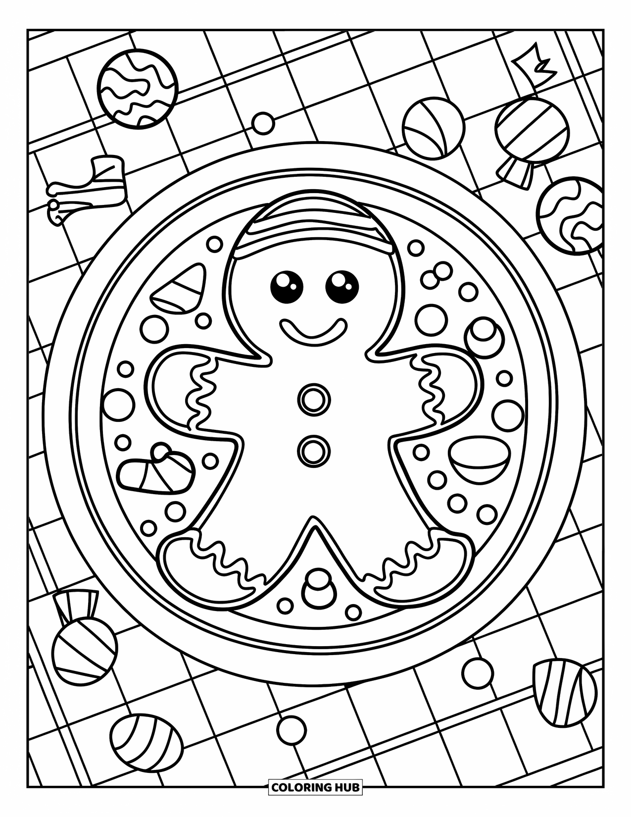 Letter G Coloring Page for Kids: Smiling gingerbread man with candy details on a checkered table