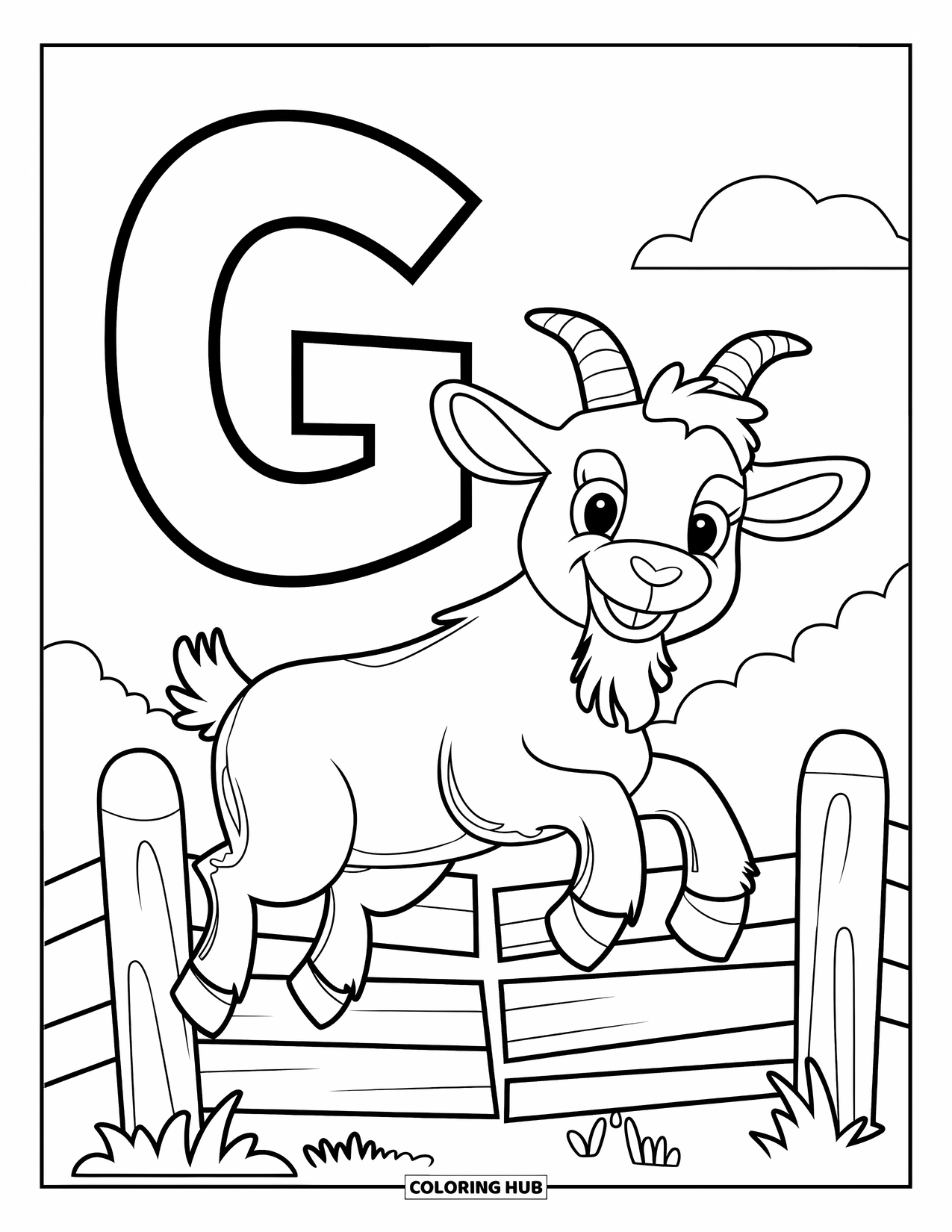 Letter G Coloring Page for Kids: Smiling goat leaps over a fence with the letter G nearby