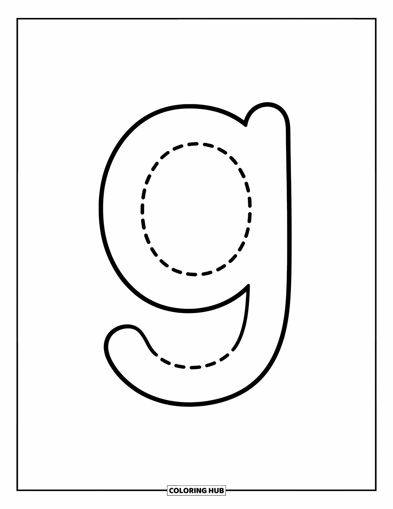 Letter G Coloring Page for Kids: Traceable lowercase g in a cheerful dotted-line design